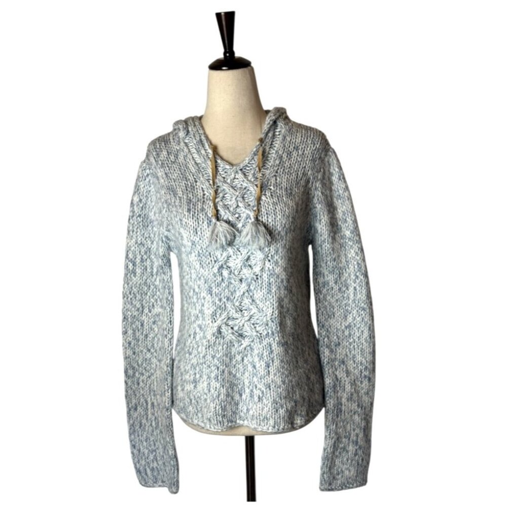 By Next Era Sweater Women Medium Blue White Cable Knit Hooded Pullover‎ Tassel